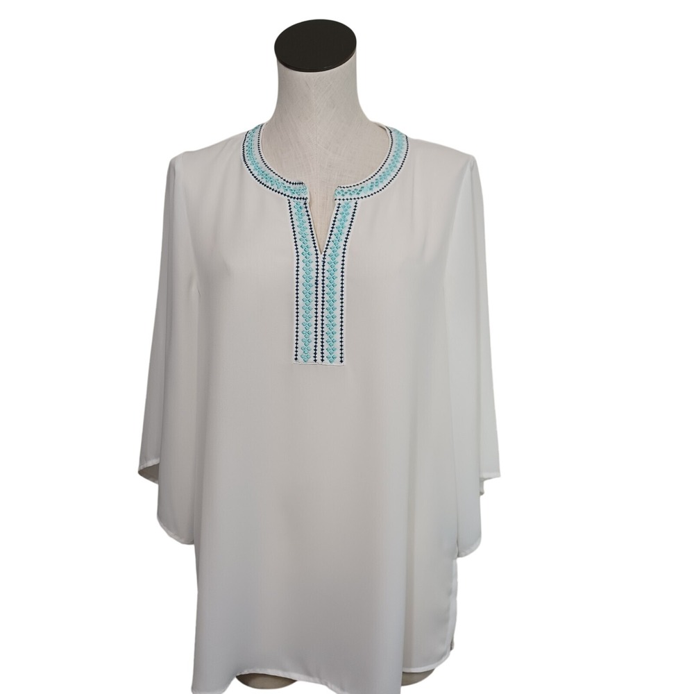 Ariat‎ Womens White Split Neck Tunic Blouse Teal Embroidered Trim Size Small